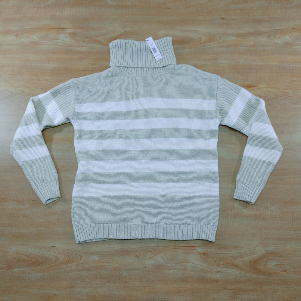Tahari Womens Striped‎ Turtleneck Sweater Almond Bisque Cream Size L/G